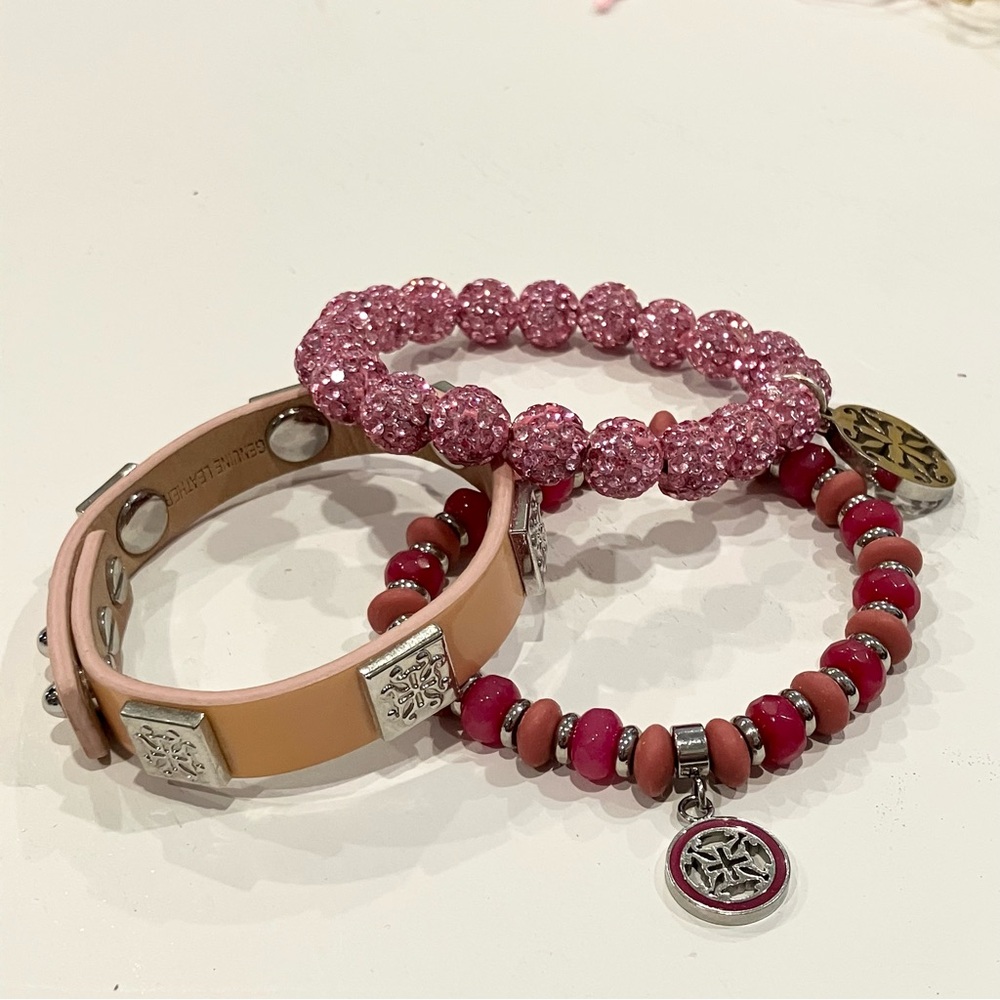 Rustic Cuff | Leather Cuff, Pink & Silver Beaded Bracelets Set
